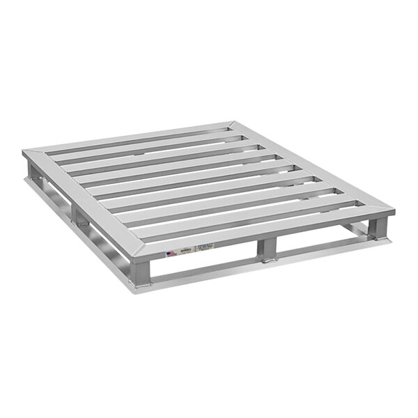 A New Age metal tube frame pallet with four bars on top.