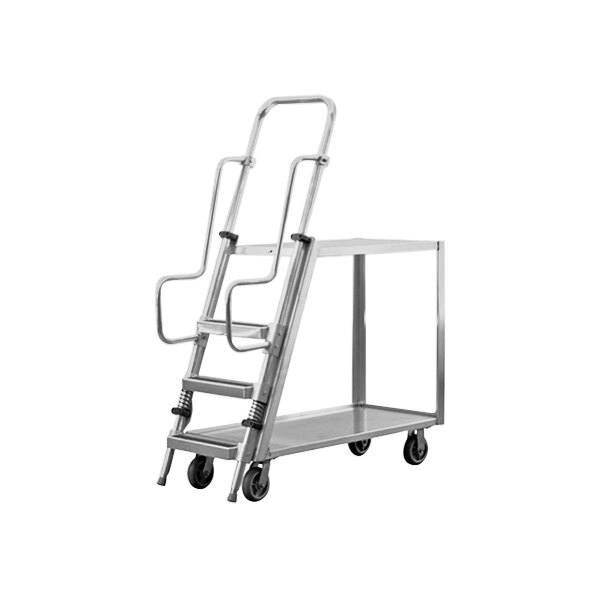 A silver metal cart with a ladder attached.