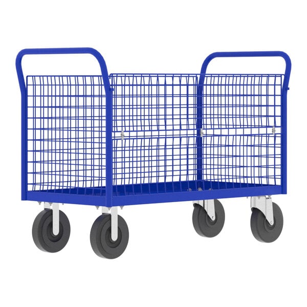 A blue metal Valley Craft platform cage cart with black wheels.