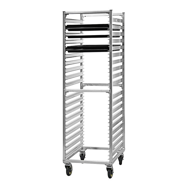 A New Age metal sheet pan rack with black trays on shelves.