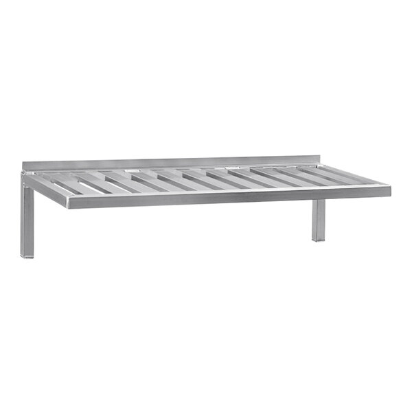 A New Age aluminum T-bar wall shelf with slats.