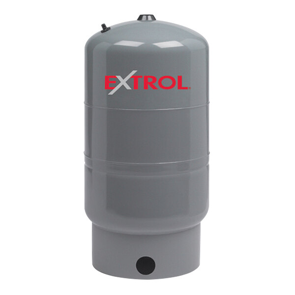A grey Amtrol vertical cylinder with red "Extrol" text.