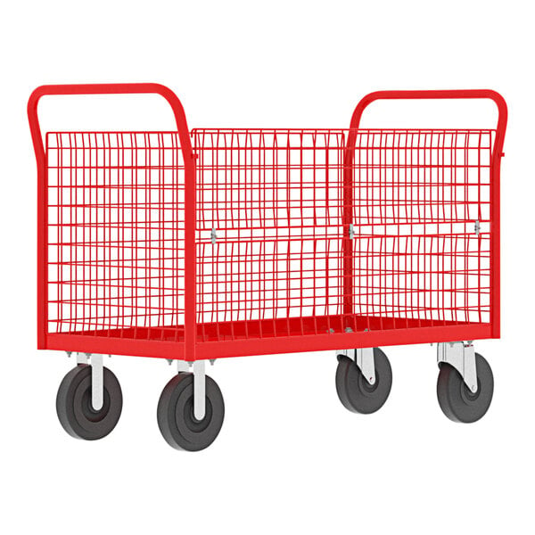 A red metal Valley Craft platform cage cart with black wheels.