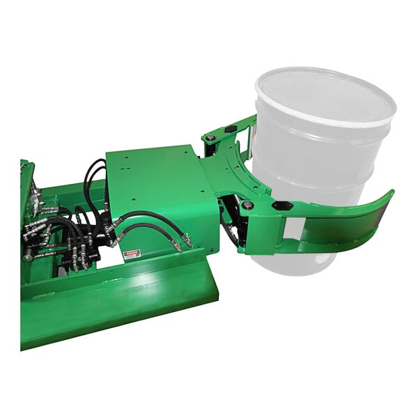 A green Valley Craft forklift attachment with a white drum gripped in it.