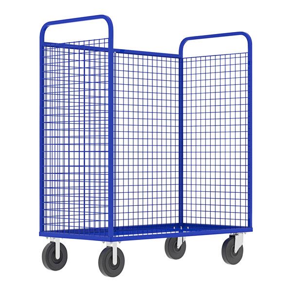 A blue Valley Craft wire mesh 3-sided stock picking cart with wheels.