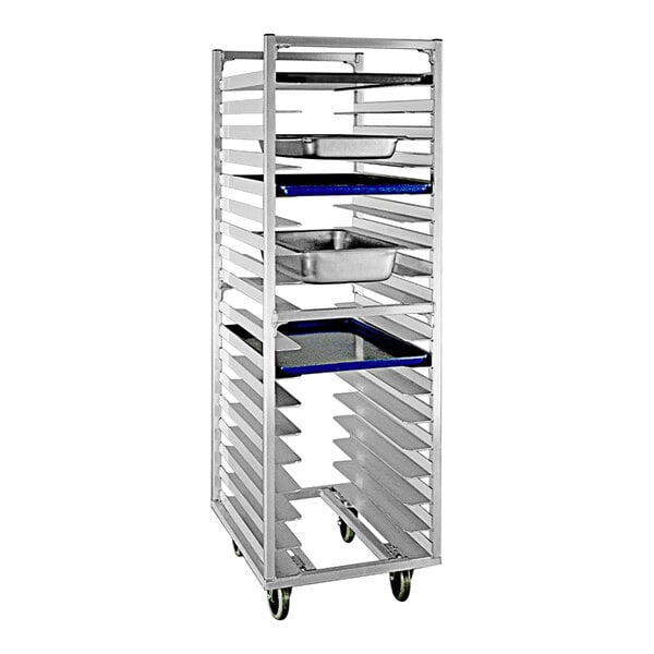 A New Age heavy-duty aluminum sheet pan rack holding multiple metal trays.