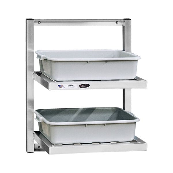 A white rectangular New Age aluminum wall shelf with two metal trays on it.