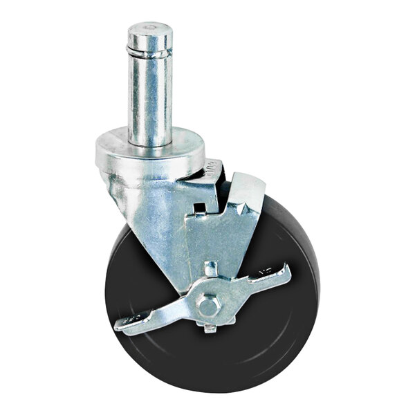 A New Age swivel stem caster with a black metal wheel and metal brake handle.
