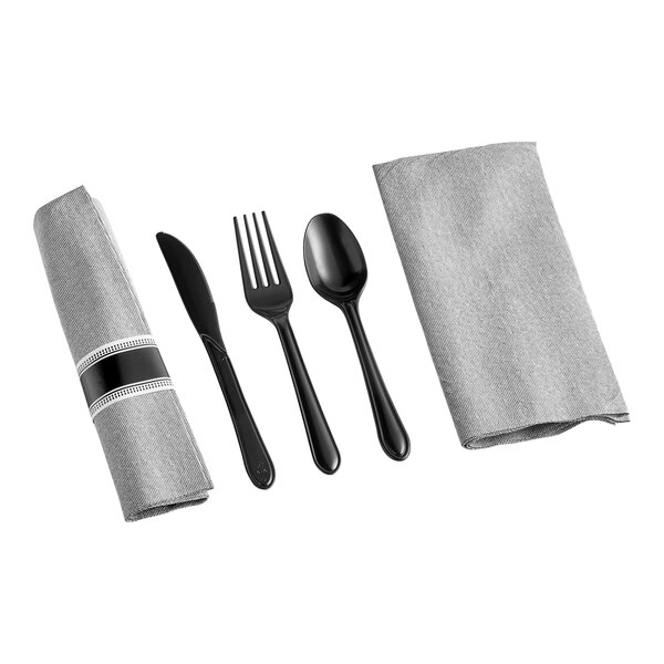 Servilletas CaterWrap Preenrolladas Con Cubiertos - Diseño Espirales Plateados, Blanco Y Negro, Caja De 100 Unidades