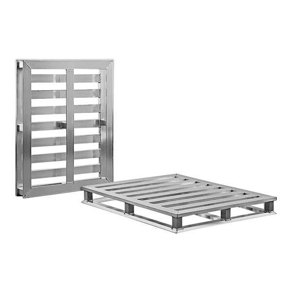 A metal pallet with aluminum tube frame and center base tube.