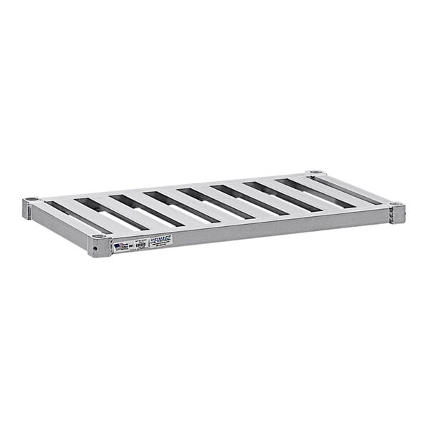 An adjustable aluminum T-bar shelf with holes in the top.