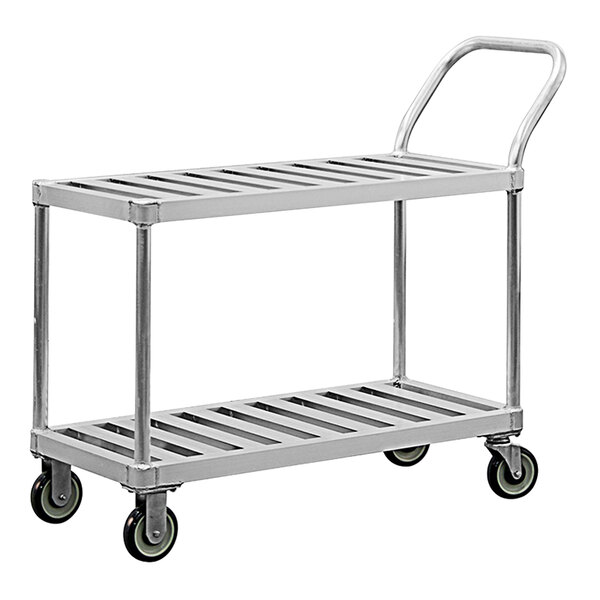 A silver metal New Age two-tier utility cart with wheels.