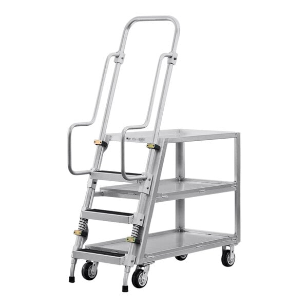 A New Age aluminum ladder stock picking cart with 3 lipped metal shelves and wheels with a metal ladder attached.