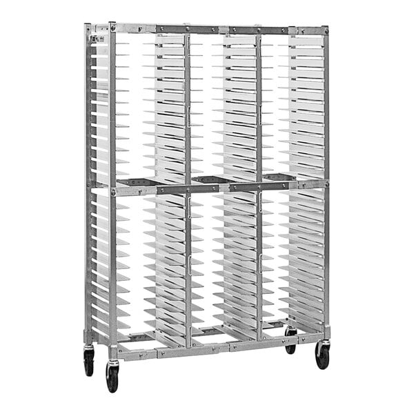 An aluminum New Age mobile pizza pan rack with 78 slots on it.