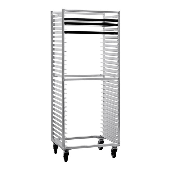 A New Age heavy-duty aluminum sheet pan rack with four side load shelves on wheels.
