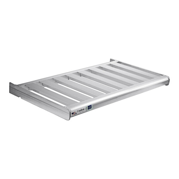 A stainless steel T-bar cantilever shelf with slats.