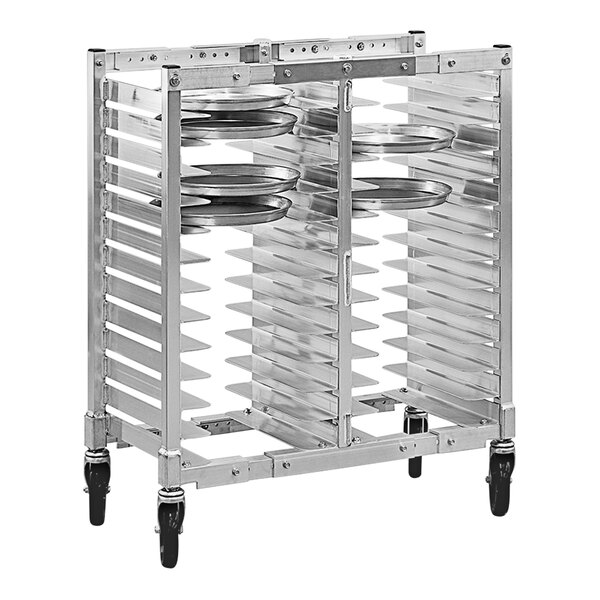 A New Age aluminum mobile pizza pan rack with trays on it.