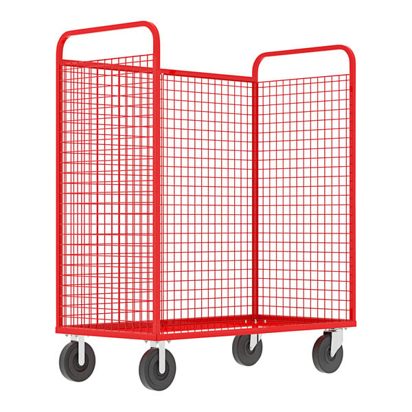A red wire mesh Valley Craft stock picking cage cart with wheels.