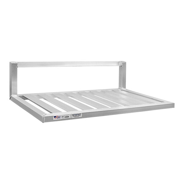 A metal New Age wall shelf with inverted brackets.