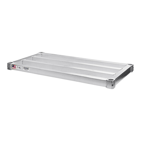 A New Age adjustable aluminum shelf with metal bars.