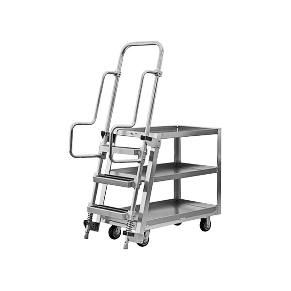 A New Age aluminum stock picking cart with a metal ladder and 3 flat shelves.