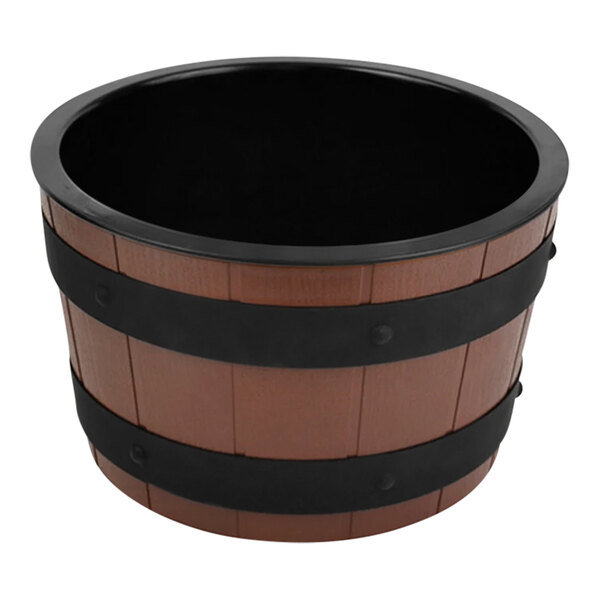 A Dalebrook wooden barrel display bowl with black trim and black melamine insert.