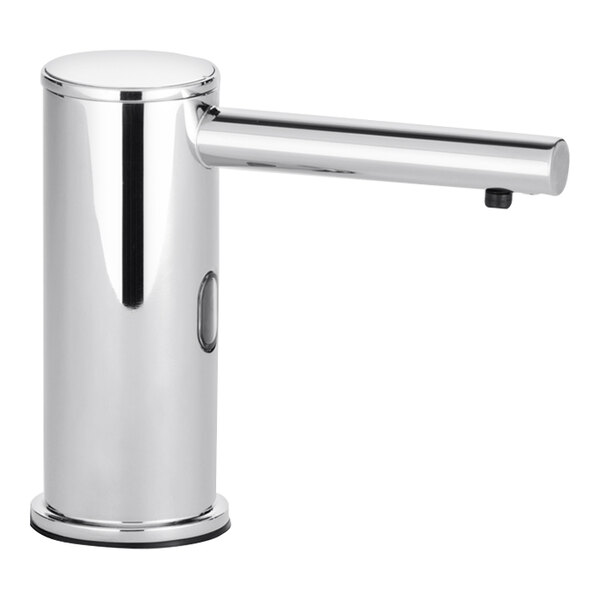 A Bobrick chrome automatic multi-feed foam soap pump with a silver button.