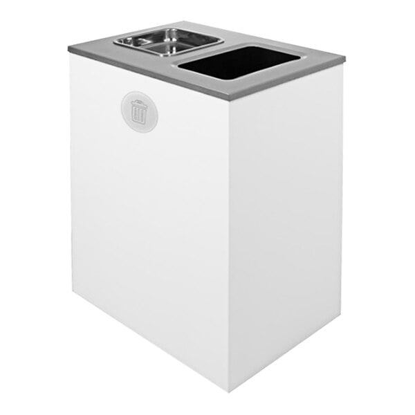A white rectangular steel waste receptacle with a silver top.