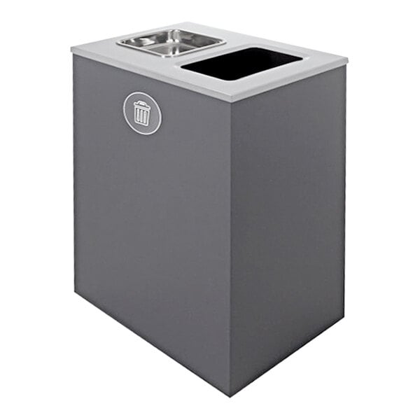 A rectangular grey Busch Systems decorative waste receptacle with a silver top.
