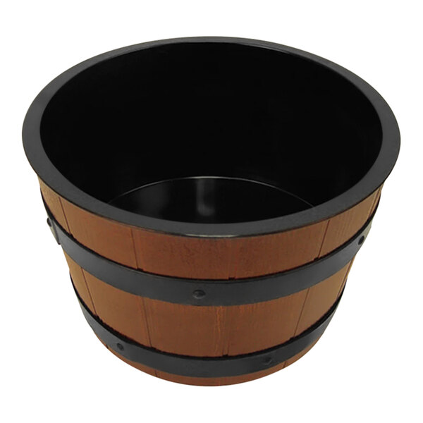 A Dalebrook brown ABS plastic barrel display bowl with black trim.