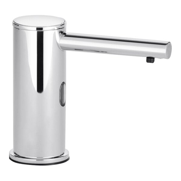 A silver Bobrick automatic multi-feed liquid soap pump on a white background next to a chrome bathroom faucet with a button.