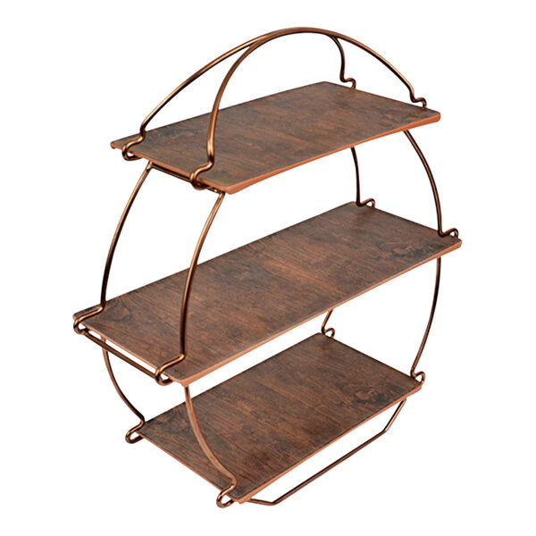 A Dalebrook copper iron tea rack with 3 circular melamine shelves.