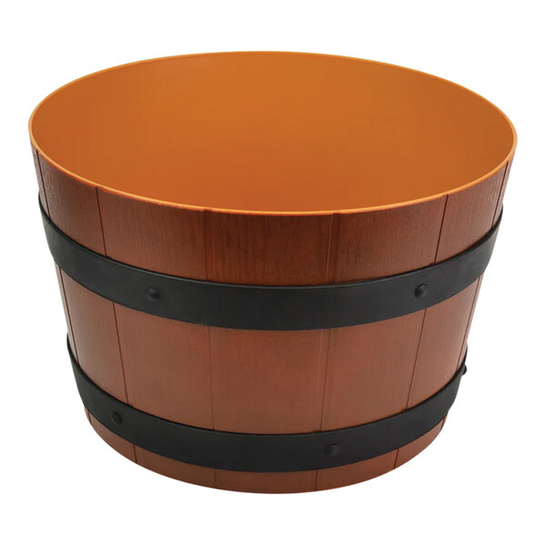 A Dalebrook brown and black ABS plastic barrel display bowl with black metal bands.