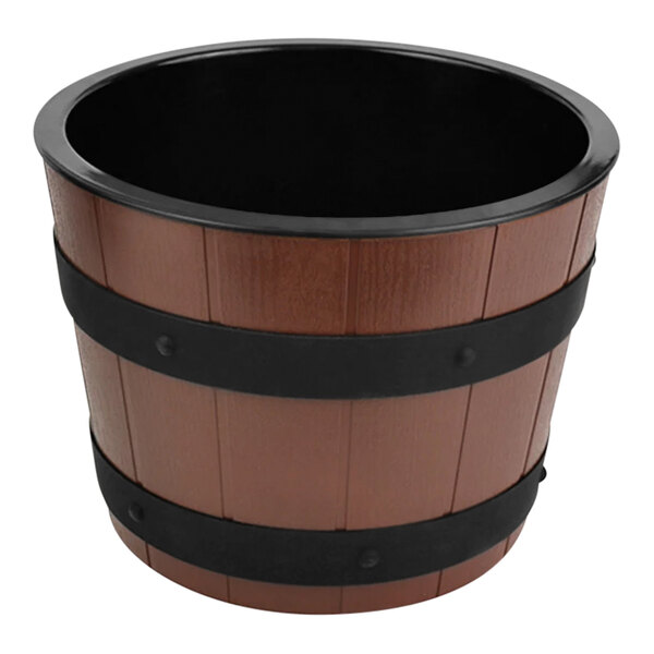 A Dalebrook wooden barrel with black band and black bowl inside.