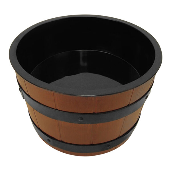 A black and brown wooden barrel display bowl set with a black melamine insert.