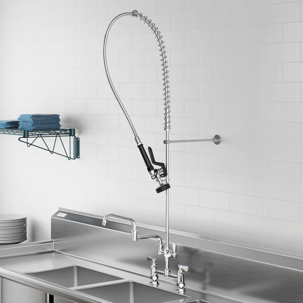 A Regency pre-rinse faucet with a double-jointed add-on faucet over a sink.