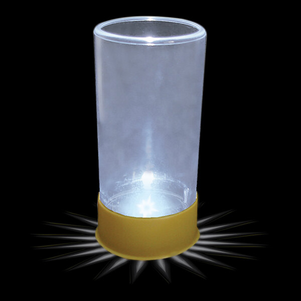 A clear plastic container with a white light inside and a 1.5 oz. plastic shotgun shell cup.