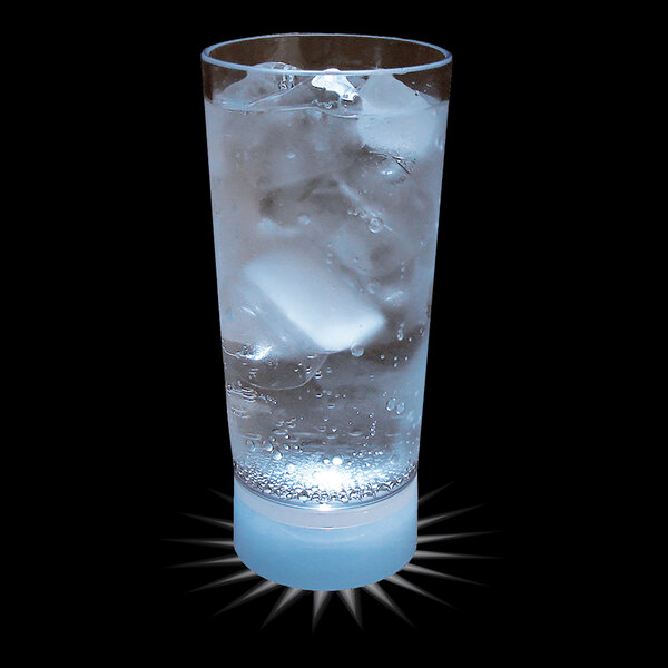 A 10 oz. customizable plastic cup with a white LED light filled with water and ice cubes.