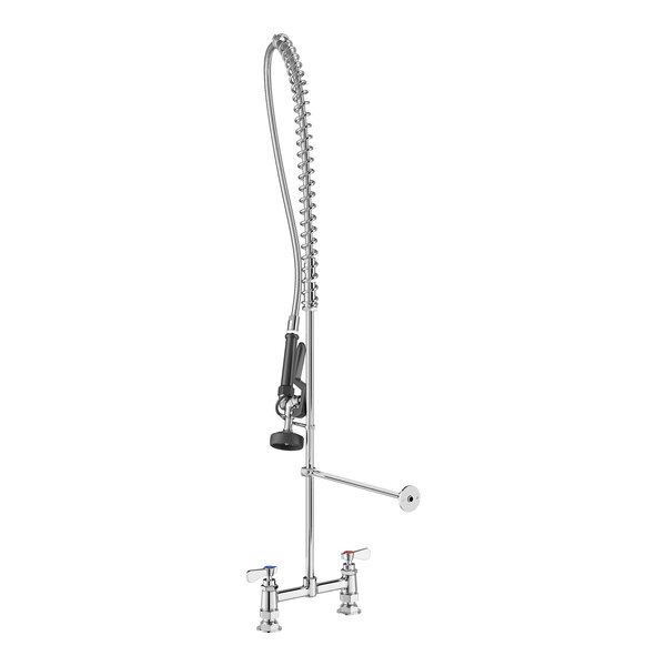 A tall, chrome-colored pre-rinse faucet with a flexible spring hose, dual handles, and a spray nozzle attachment.