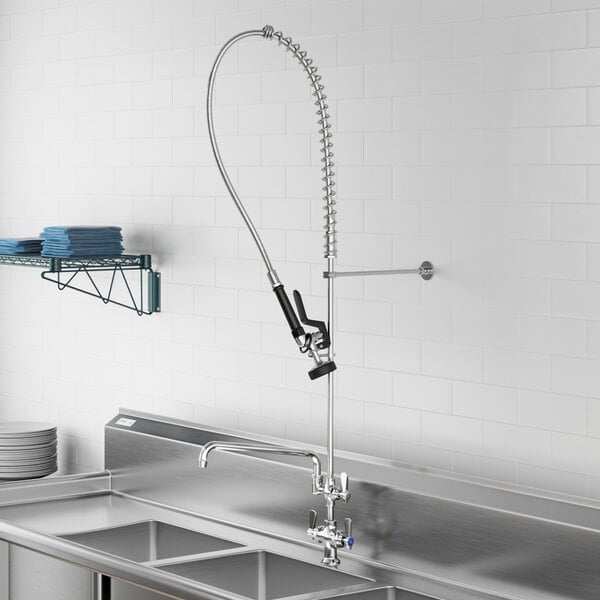 A Regency deck-mounted pre-rinse faucet with a hose above a sink.