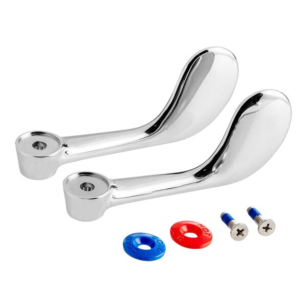 A pair of silver handles with screws and bolts.