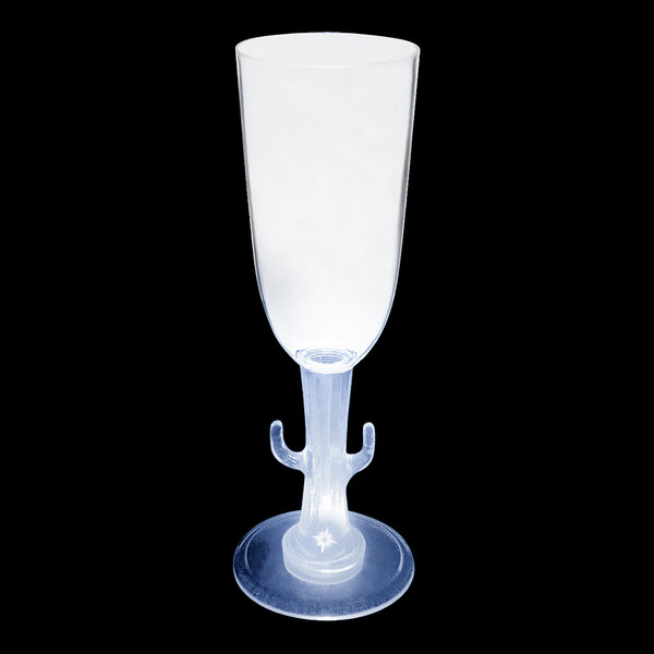 A clear plastic champagne cup with a cactus stem and white LED light.