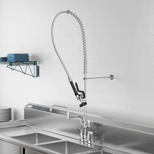 A Regency deck-mounted pre-rinse faucet with a double-jointed hose above a sink.