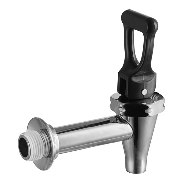 A close-up of a stainless steel Avantco faucet with a black handle.