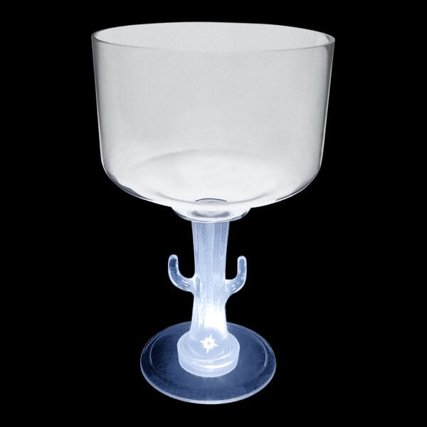 A clear plastic margarita cup with a cactus-shaped stem and a white LED light inside.