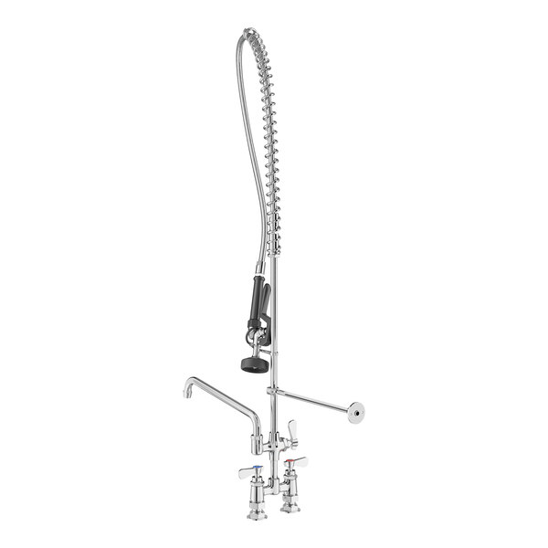 A tall, chrome-colored pre-rinse faucet with a flexible hose, spray nozzle, and an additional spout, mounted on a base with two handles.