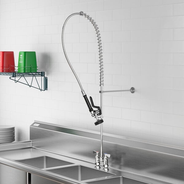 A Regency deck-mounted pre-rinse faucet above a stainless steel sink.