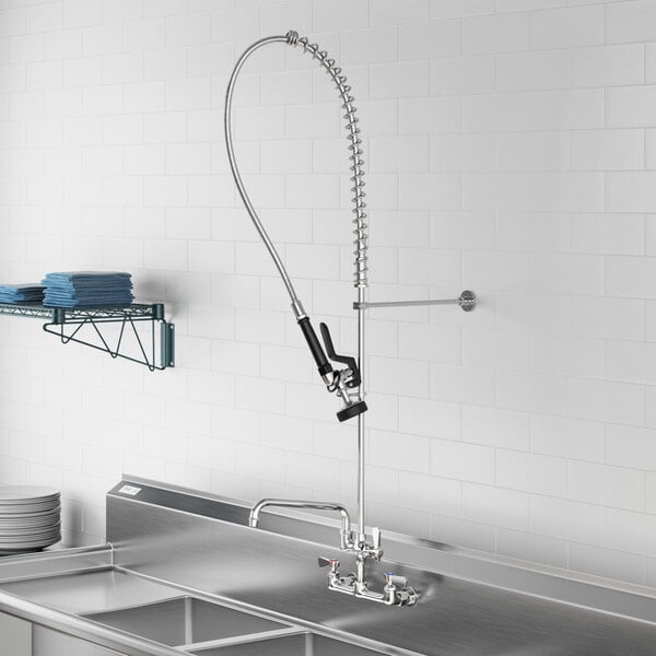 A stainless steel sink with a Regency wall-mounted pre-rinse faucet above it.