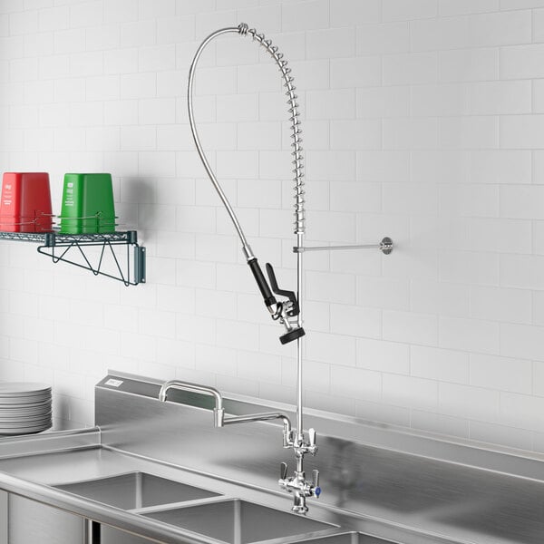 A Regency pre-rinse faucet with a double-jointed add-on faucet above a stainless steel sink.