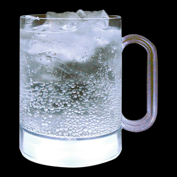 A customizable plastic mug with white LED light filled with water and ice with bubbles.